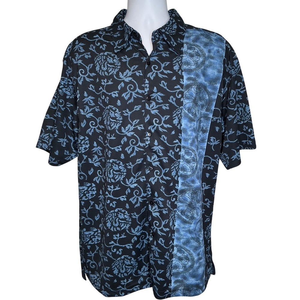 VTG 90s ADOLFO Black Blue Floral Short Sleeve Button‎ Up Hawaiian Shirt Sz L